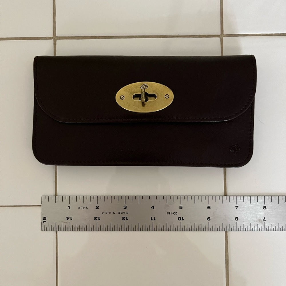 Mulberry dark brown long wallet with fabric /jaquard interior